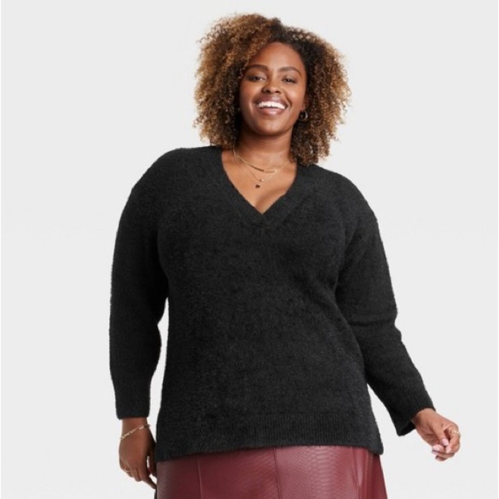 AVA &VIV WOMENS fuzzy V-neck Tunic pullover sweater XXL Black